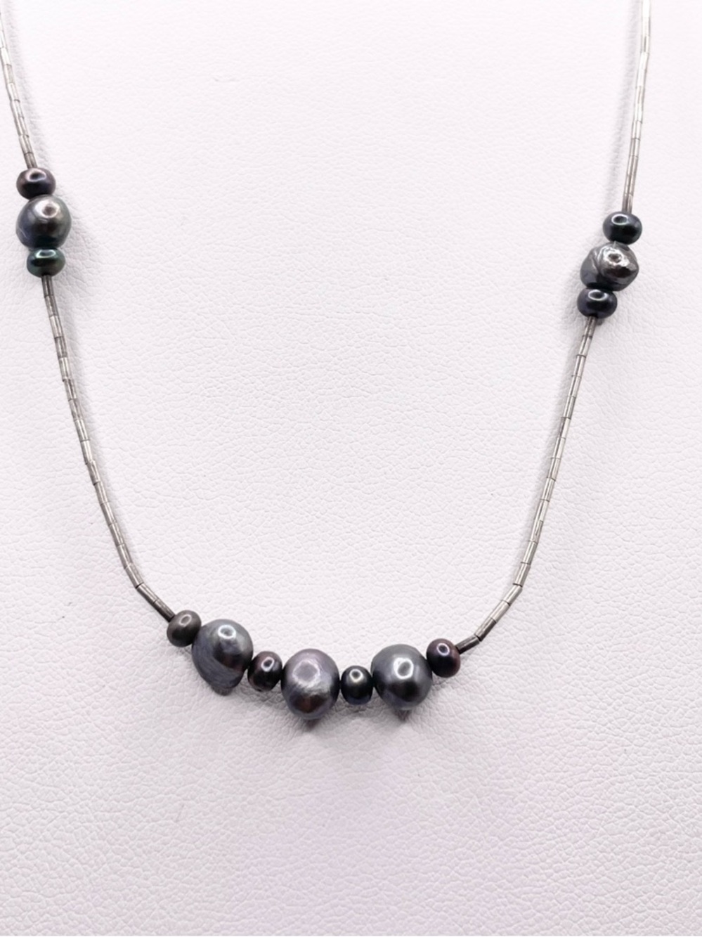 Liquid silver sterling bead necklace with Tahitian Black Pearls